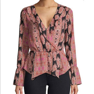 BCBGMAXAZRIA Printed Long Sleeve V-Neck Surplice Woven Asymmetrical Hem Blouse